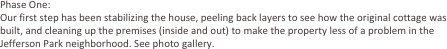 Phase One:  Our first step has been stabilizing the house, peeling back layers to see how the original cottage was built, and cleaning up the premises (inside and out) to make the property less of a problem in the Jefferson Park neighborhood. See photo gallery.